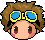 Pixel art contact sheet of three animated frames showing a cartoon character's head with brown hair, blue goggles, and changing facial expressions against gray background.