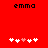 Red background with black text 'emma' at top, five white and pink pixelated hearts below arranged in two