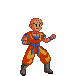 Two pixelated figures in orange martial arts uniforms with blue belts and wristbands stand against a gray background, one in a fighting stance and the other kicking.
