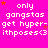 A bright pink background displays repeated white pixelated text reading 'only gangstas get hyper-ithposes<3' with scattered orange stars, partially obscured by a gray rectangle in the bottom-right corner.