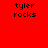 Red background with black text 'tyler rocks' repeated across multiple white rectangular sections in a