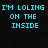 Static pixel art image with cyan text on black background reading "I'M LOLING ON THE INSIDE" in blocky, retro font.