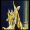 Animated golden dragon with multiple heads and wings, positioned against a dark blue background with vertical architectural elements.