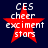 Red star with white text 'CES cheer exciment stars' on dark blue background, four identical frames with slight pixel variations.