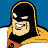 Pixelated cartoon character with black mask, yellow cape, and red chest emblem against blue background.