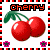 Pixelated cherry icon with red fruit, green stem, and black-and-red border featuring pink stars.