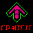Pixel art icon featuring a pink and green geometric shape with red text below on black background.