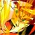 A static pixelated image with dominant yellow and orange hues, featuring indistinct shapes in red, green, white, and dark tones against a bright background.