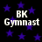 Black background with scattered purple stars, four identical text blocks reading "BK Gymnast" in white pixelated font arranged in a