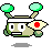 Pixel art character with green antennae, white headband, and red cross on yellow shield-like object; four variations show different poses and expressions.