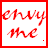 A 4x4 contact sheet of animated frames showing red cursive text "envy me" on white backgrounds with varying border colors and small corner artifacts.