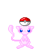 Pixelated pink cat-like creature with blue eyes and red mouth, shown in multiple poses with red-and-white Poké Balls above and below it on a gray background.