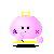 Pixelated pink character with yellow crown-like top, black eyes, pink blush marks, and blue-and-pink hand details on four sequential poses against gray background.