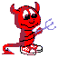 Red devil character with horns, tail, and striped body holding blue scissors on white checkered base against gray background.