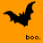 Three black bat silhouettes on orange background with "boo." text below each, one bat in flight pose, another in horizontal wing spread, third in angled downward position.