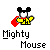 Pixel art of a mouse character with black ears, white face, yellow shirt, red cape, and text reading 'Mighty Mouse' below.