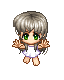 Pixelated character with silver hair and green eyes in white dress, showing hand and hair pose variations