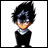 Pixelated anime character with spiky black hair, red eyes, and a black outfit with white collar against white background.