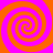 Four orange spirals with pink outlines arranged in a on an alternating orange and pink background