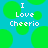 Pixelated text "I Love Cheerio" on a blue background with green circles, static image with no visible animation changes.