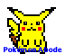 Pixel art Pikachu in multiple poses with red cheeks, black outlines, and brown tail tip; blue text below reads 'Pokémon Abode' on white background.