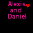 Pixelated text 'Alexis and Daniel' in pink with animated red heart or particle effects on a black background.