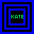 Four blue and black square frames with green text 'KATE' in pixelated font, each frame showing different nested square arrangements.