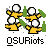 Pixelated figures in yellow and black outfits with white heads, green props, and "_QSURiots" text below, arranged in multiple configurations on gray background.