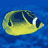 Pixelated fish with yellow-green body, dark blue eye patch, and white stripe near mouth against solid blue background.