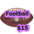 A football-shaped icon with purple text reading "Football" and "$15", a helmet icon with blue text "Helmet" and "$590", a volleyball-themed icon with red text "Volleyball Girls Kicking Your Ass...", and a heart icon with pink border and black text "PRICELESS!"