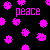 Static pixel art image with black background and multiple bright pink circular icons scattered across it, featuring the word 'peace' in bold pink letters at center.