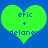 Two identical green heart-shaped icons with blue text on a solid blue background, each displaying 'eric + melanie' in pixelated font.