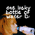 A pixelated image of a person with light brown hair drinking from a bottle, overlaid with white text reading "one lucky bottle of water" against a black background.