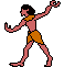 Pixelated figure in orange shorts and collar performs sequential poses against gray background.