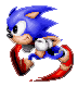 Four pixelated Sonic the Hedgehog frames show running motion with red speed trails, blue fur, white gloves, and brown shoes against gray background.