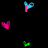 Pixelated pink heart-shaped icons and blue-and-pink 'Y' symbols float against a black background with a gray rectangle in the bottom right.