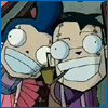 Animated sequence of two cartoon characters with exaggerated expressions, one holding a pipe and both wearing striped clothing.