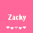 Pixelated text 'Zachy' in light pink on bright pink background with five white and one light pink star-like symbols below.