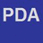 Pixelated blue background with white outlined letters PDA in bold sans-serif font, each letter filled with gradient shades of light purple and pink.