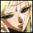 Pixelated anime-style character face with blonde hair and dark eyes, next to stylized text on black background.