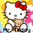 Pixelated static image of a white cat with brown eyes and nose, wearing a red bow on its head, holding a teddy bear, with 'Mr. Teddy' text below.