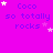 A vibrant purple background displays repeated text "Coco so totally rocks" with scattered white and pink stars, some of which animate in position across frames.
