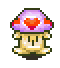 Pixel art mushroom character with purple cap and orange spots, shown in two poses: front-facing with heart symbol on chest and side-facing with open mouth.