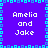 Pixelated blue background with cyan border and repeated text "Amelia and Jake" in white pixel font across four quadrants.