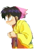 Animated character in yellow robe with pink headband, holding a staff, displaying three sequential expressions with exclamation marks.