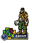Pixel art character standing with a large silver cannon arm, wearing green camouflage pants and yellow tactical gear over a white undershirt.