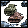 Pixel art image of multiple tanks with military markings on a light gray background, including green tank with white stars and brown tank with red cross.