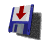 Blue and white floppy disk icon with red downward arrow on white label, shown in multiple angled views against gray background.