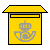 Yellow mailbox with gray crown emblem, white slot, and red dot on paper; animation shows paper sliding in and out of the slot.