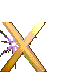 Golden X-shaped object with pixelated purple and blue sparkles at different positions